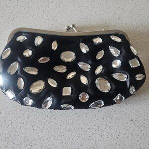 Black Satin Bag Diamond stone tiny-black-beads steel kisslock  clutch wallet bag